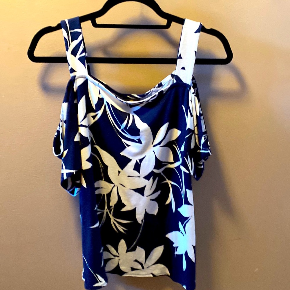 Women’s cold shoulder navy & white top
